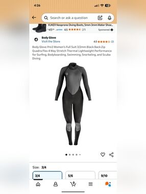 Body Glove Pro3 Women's Full Suit 3/2mm Black Back Zip Size 3/4 Like New